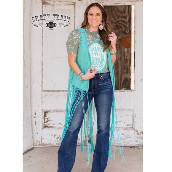 Crazy Train Fringe Studded Duster Turquoise - Picture 5 of 7